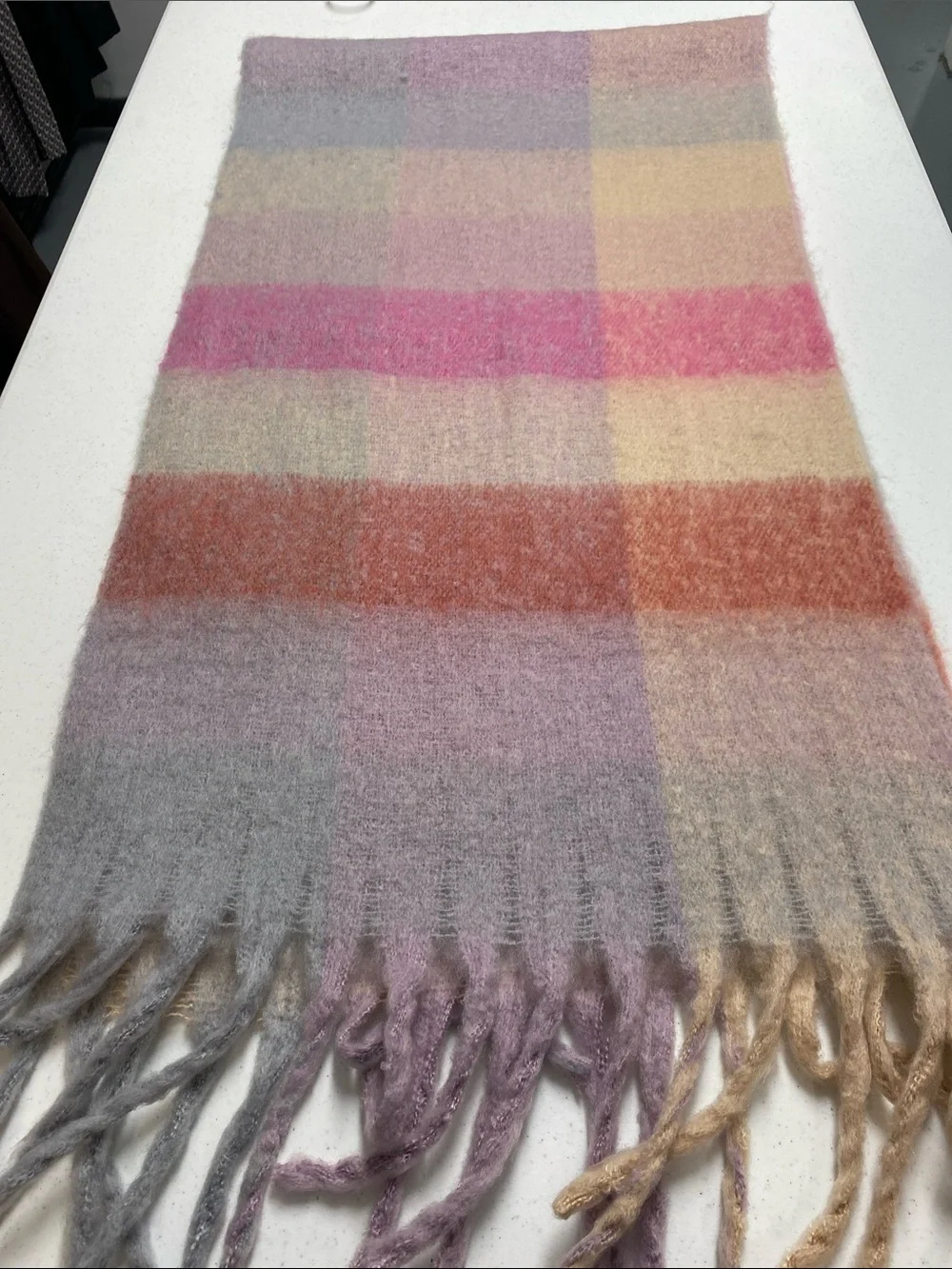 Oversized Pastel Plaid Blanket Scarf Fuzzy Fringe Wrap Shawl Pink Gray Cozy